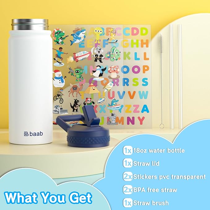 baab 18oz Kids Water Bottle, Insulated Water Bottle with Straw & Stickers, 18/8 Stainless Steel Vacuum Leakproof Kids Water Straw Cup for School, Gift for Boy Girl (Rose Pink+White, 2 Pack)