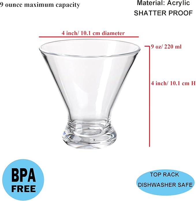 KOXIN-KARLU 9 oz Acrylic Martini Glasses, Plastic Stemless Martini Cocktail Glasses, set of 6 Clear, Perfect for Indoor and Outdoor, Shatterproof