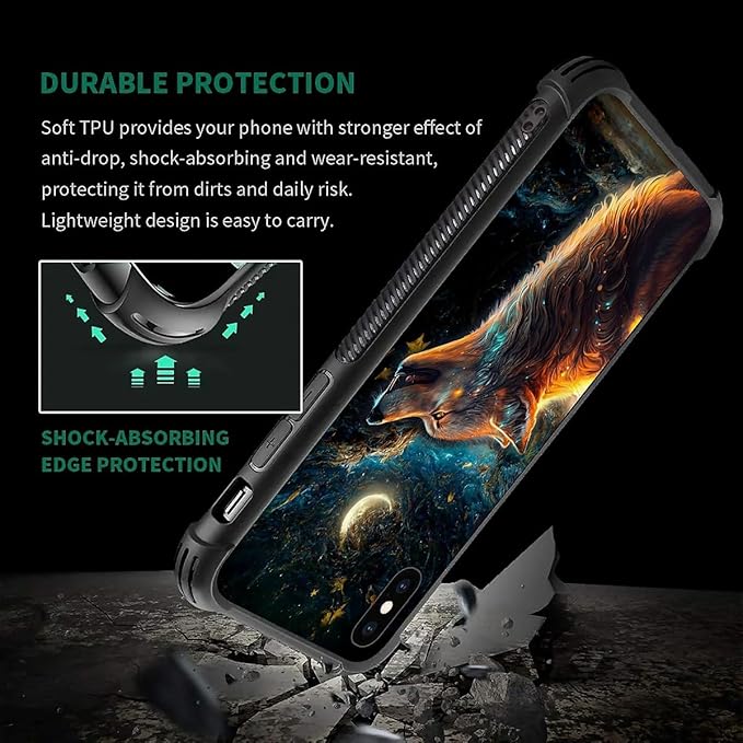 for iPhone X/Xs Case, Star Cave Hungry Wolf Pattern Graphic Design Girl Boy Soft Silicone Hard Acrylic Shock Protection for iPhone X/Xs