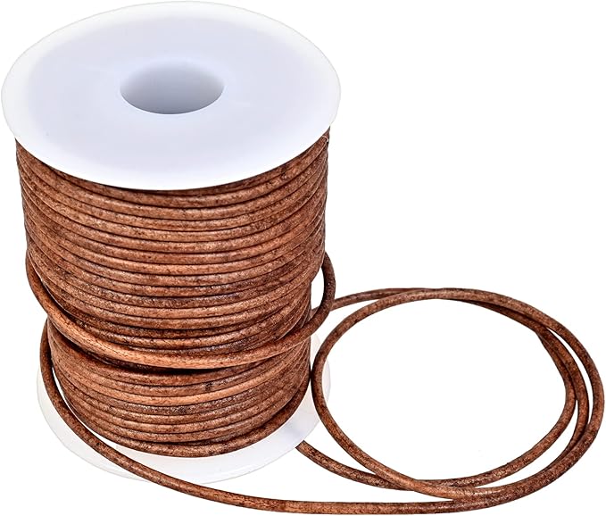 GENIQUE Real/Genuine Round Leather String Cord for Necklace, Bracelets, Jewellery, Braiding (Saddle Brown Distressed, 2mm)