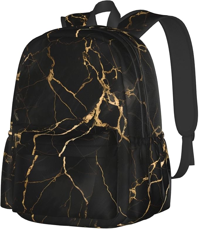 cfpolar 17 Inch Backpack Black & Gold Marble Art Laptop Bag Shoulder Bag School Bookbag Casual Daypack For Boys Girls