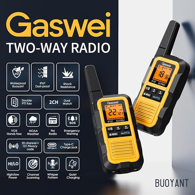 Gaswei G2pro+ IP67 Waterproof Floating Heavy Duty Walkie Talkies Long Range for Adults FRS Double PTT，FM radio,SOS,NOAA weather Rechargeable Two Way Radios 2 watts,VOX,Li-ion Battery (2 Pack - Yellow)