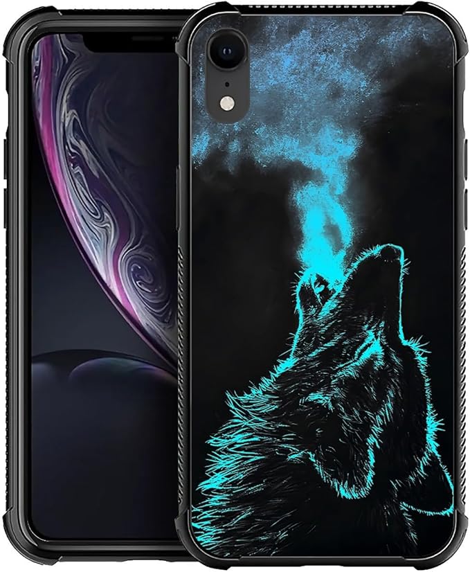 for iPhone XR Case, Blue Breathing Wolf Pattern Graphic Design Girl Boy Soft Silicone Hard Acrylic Shock Protection for iPhone XR