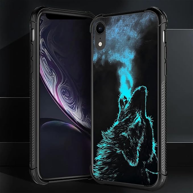 for iPhone XR Case, Blue Breathing Wolf Pattern Graphic Design Girl Boy Soft Silicone Hard Acrylic Shock Protection for iPhone XR