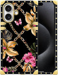 for iPhone 17 Case Luxury Golden Decoration for Girl Women Soft TPU Shockproof Protective Hard PC Back for iPhone 17 Crazy Pattern Pink Golden Chain Tropical Flower