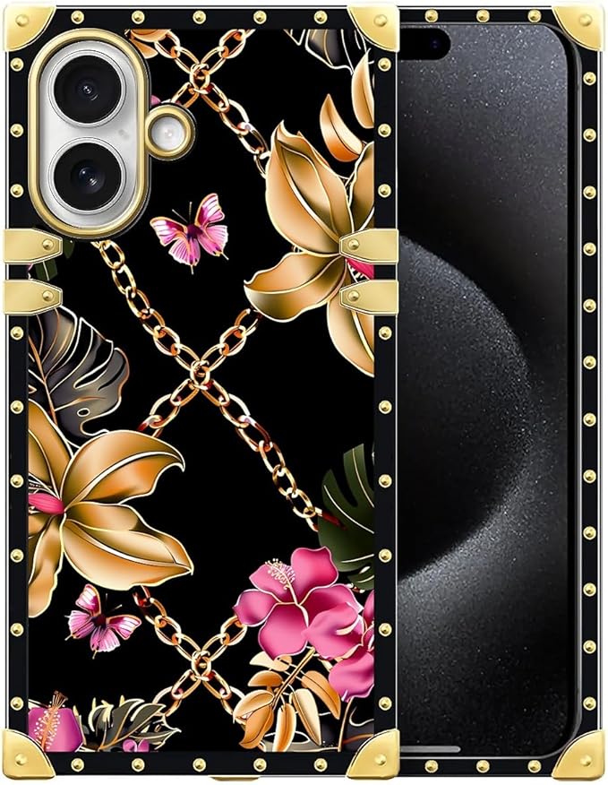 for iPhone 17 Case Luxury Golden Decoration for Girl Women Soft TPU Shockproof Protective Hard PC Back for iPhone 17 Crazy Pattern Pink Golden Chain Tropical Flower