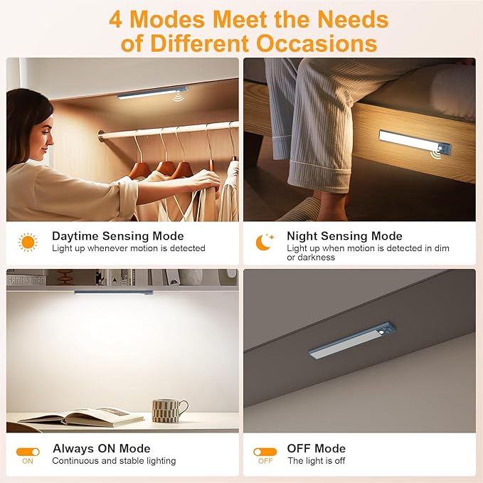 Gritin 10.2inch Under Cabinet Lighting Rechargeable 2 Pack- 3 Color Temps&5 Level Brightness, Super Bright, 4 Modes, Motion Sensor, Long Lasting-Easy Installation Magnetic Under Closet Lights-Sea Blue