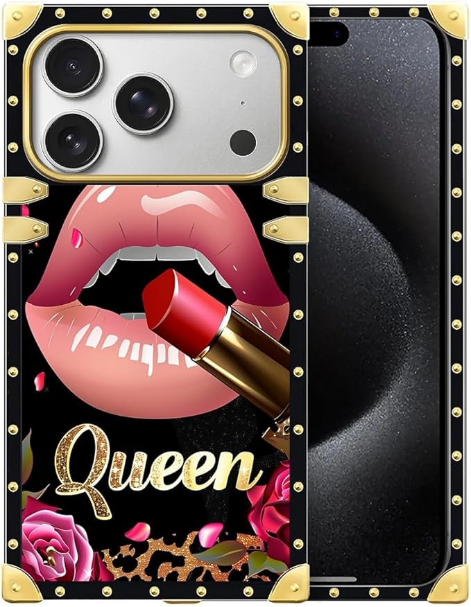 for iPhone 17 Pro Case Luxury Golden Decoration for Girl Women Soft TPU Shockproof Protective Hard PC Back for iPhone 17 Pro Crazy Pattern Glitter Red Rose Queen Leopard Lipstick