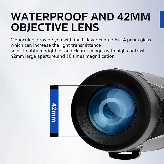 10x42 Monocular Telescope High Power HD, 330g Ultra-Lightweight & Portable, BAK4 Prism Metal Frame, with Phone Adapter Tripod for Bird Watching, Hunting, Travel, Concerts, Football Games