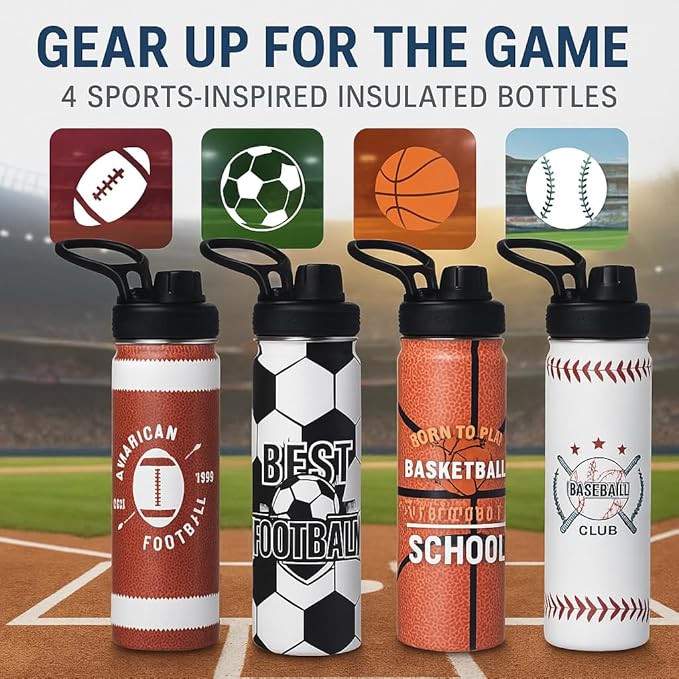 Soccer Water Bottle, 24 oz Insulated Stainless Steel Sports Bottle with Straw, Soccer Stuff Gifts for Boys