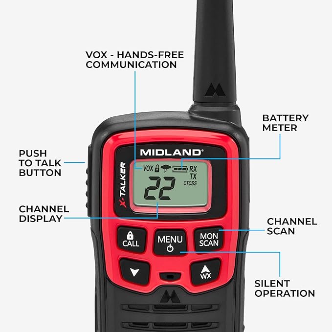 Midland® - T31VP - X Talker - 22 Channel FRS Walkie Talkies - Extended Range Two-Way Radios, 38 Privacy Codes, & NOAA Weather Alert - Set of 2 - Black/Red