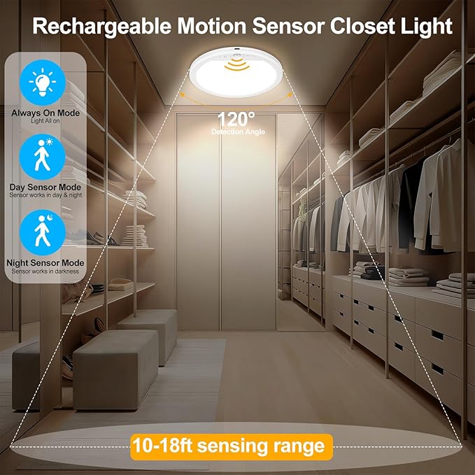 OSIDEN 2 Pack Rechargeable Motion Sensor Ceiling Light with Remote for Shower Shed Hallway Porch Stairs Garage