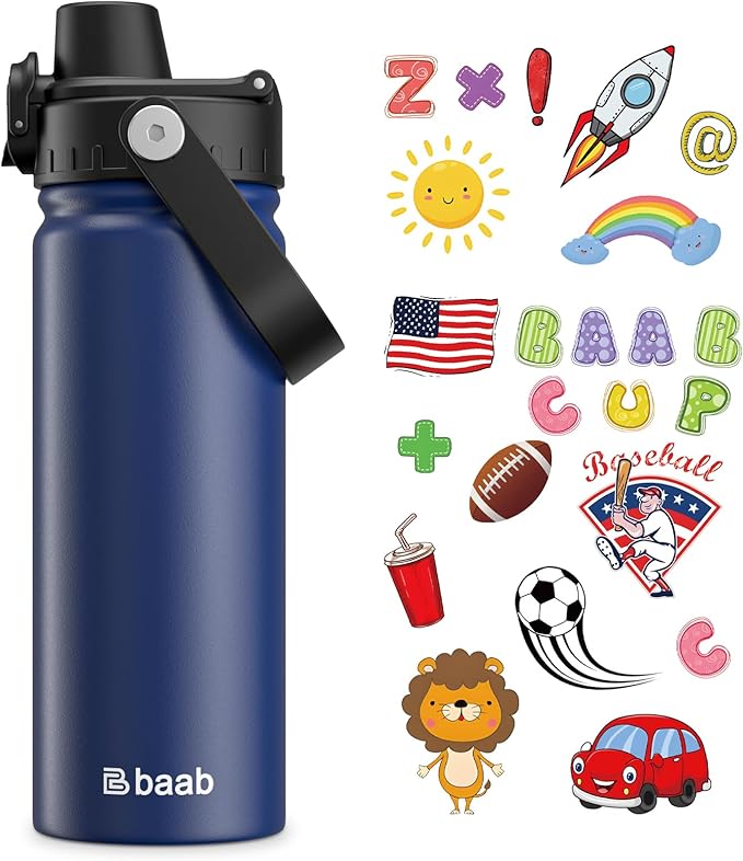 baab 18oz Kids Water Bottle, Insulated Kids Water Bottle with Lockable Spout Lid & Stickers, 18/8 Stainless Steel Vacuum Leakproof Kid Water Cup with Handle for Boy Girl & School (Navy Blue, 1 Pack)