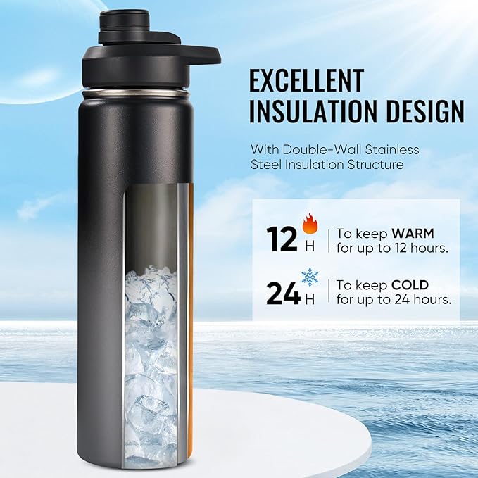 Fijinhom 24 oz Insulated Water Bottle with Handle, 304 Stainless Steel Water Bottles with Wide Mouth, Double Wall Vacuum Sports Water Bottle, BPA Free, Keep Cold and Hot, Black/Gray