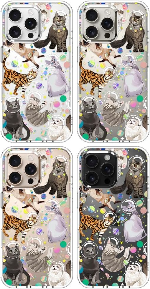 MOSNOVO Case for iPhone 16 Pro Max, [Buffertech 6.6ft Military-Grade Drop Protection] [Anti Peel Off Tech] Clear TPU Bumper Phone Case Cover Design - Space Cat