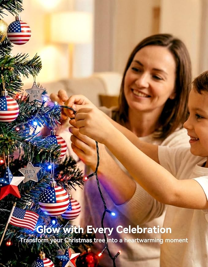 LitHome 4th of July Decorations Outdoor Waterproof, 99FT 300 LED String Lights Outdoor Red White and Blue, 8 Modes String Lights with Timer & Memory for Independence Day Tree Holiday Party