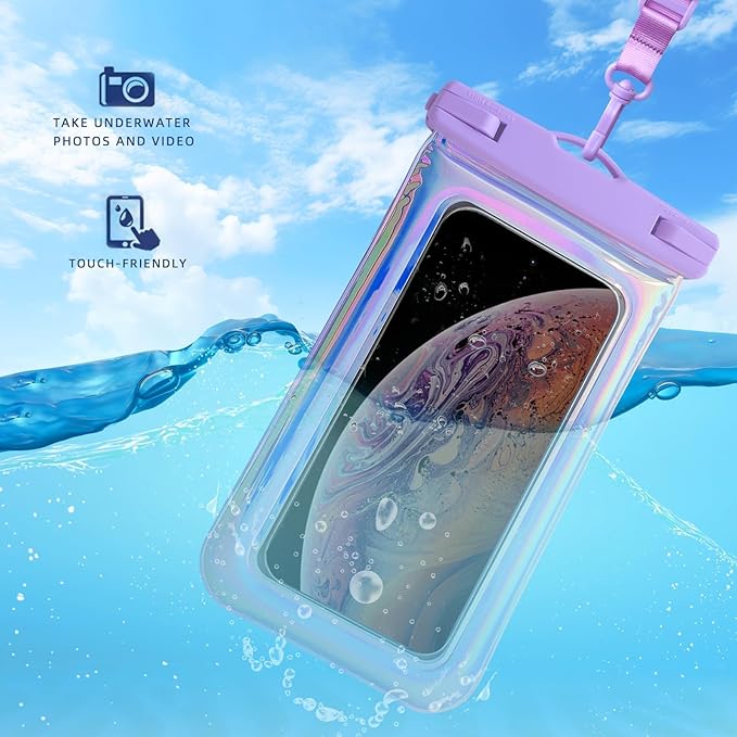 Floatable Waterproof Phone Pouch for iPhone 17 16 Pro Max/15/14/13, IP68 Travel Cellphone Dry Bag Beach Cruise Ship Essentials Bags with Crossbody Lanyard, Iridescent Purple and Pink-7″2 Pax
