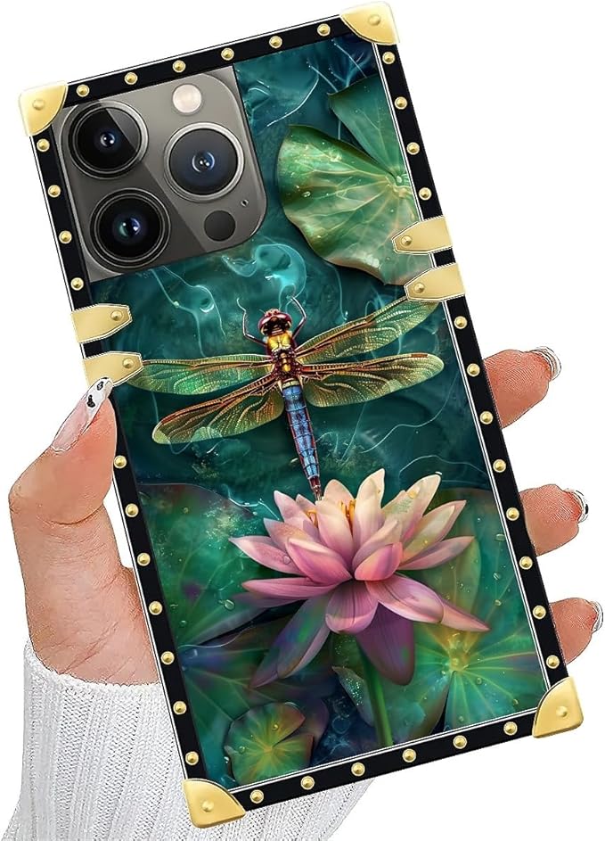Compatible with iPhone 13 Pro Case, Colourful Dragonfly Pink Lily Pads Luxury Golden Decoration for Girl Women Soft TPU Shockproof Protective Hard PC Back for iPhone 13 Pro