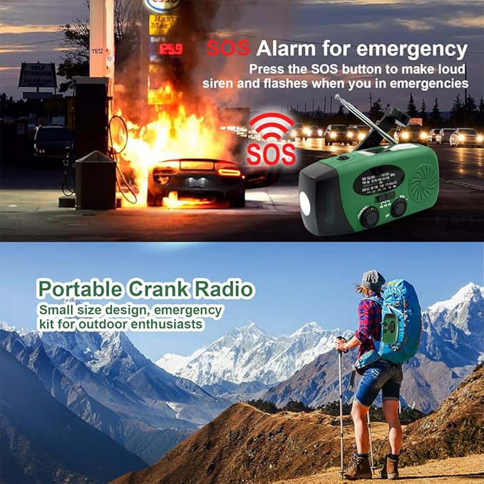 2000mAh/7400mWh Emergency Weather Radio with Flashlight, Hand Crank Radio Solar Power with AM FM NOAA, Rechargeable Battery, SOS Alarm, Headphone Jack, Compass for Survival Indoor/Outdoor Emergencies