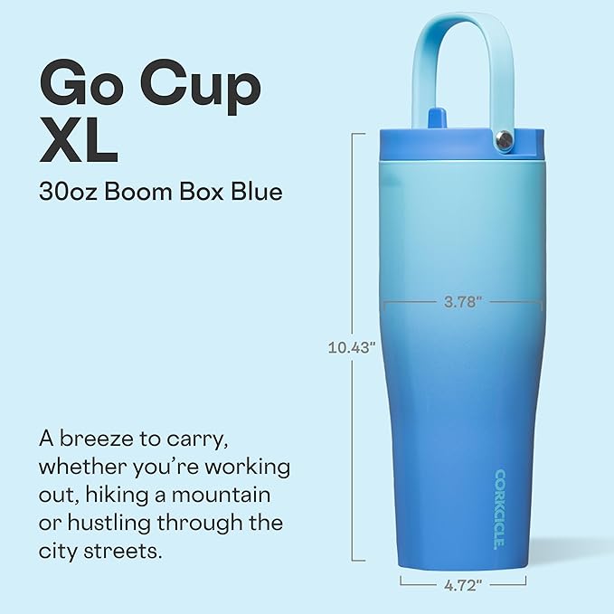 Corkcicle Go Cup XL - Leak-Proof Travel Tumbler - Triple Insulated Stainless Steel Water Bottle - Easy-Carry Handle - Summer Drinkware Gift - Keeps Drinks Ice Cold - 30 oz - Boombox Blue