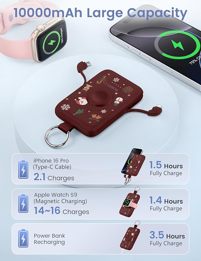 RORRY Portable Charger, 10000mAh PD 20W Fast Charging Portable Charger Power Bank with Built in Cables, Travel Battery Pack for iPhone and Apple Watch Ultra/11/10/9/8/7/6/5, Christmas Red
