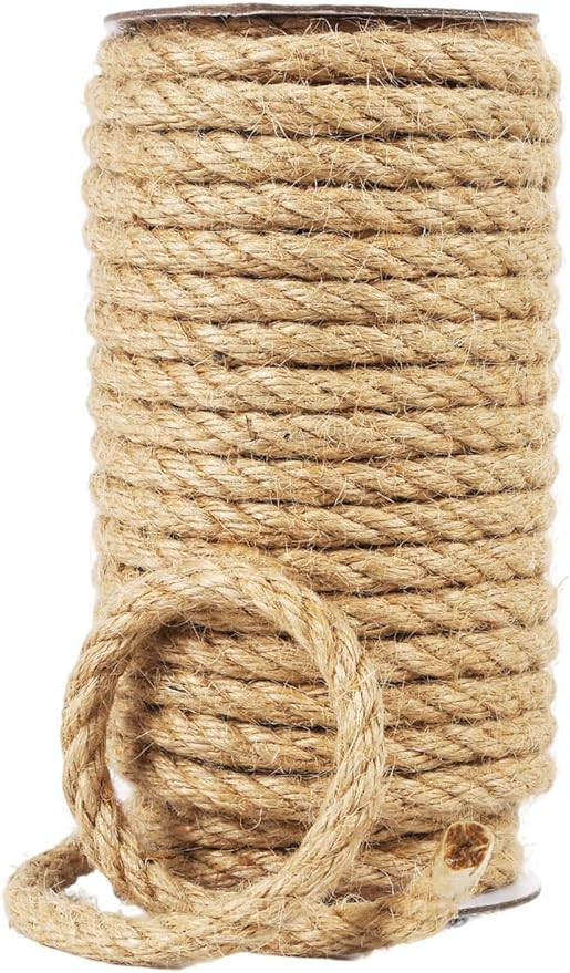 Natural Jute Twine, 8MM x 50FT Jute Rope Roll, Heavy Duty Thick Twine for Cat Scratching Post, Bundling, Gardening and DIY Crafts