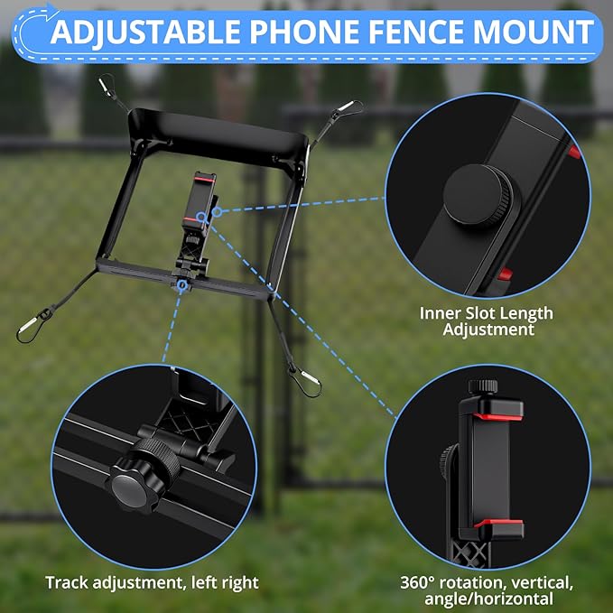 CAMWAY Adjustable Phone Fence Mount with Sunshade - Outside Universal Holder for Smartphone, GoPro, Mevo Start,Action Cameras,Include Hanging Bag,Phone Shade for Recording Tennis Baseball,etc