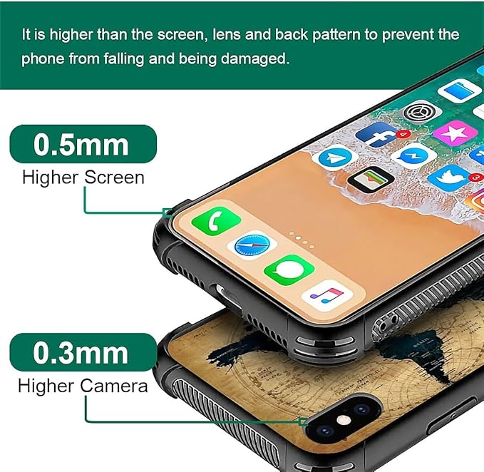 for iPhone Xs Max Case, Brown World Map Pattern Graphic Design Girl Boy Soft Silicone Hard Acrylic Shock Protection for iPhone Xs Max