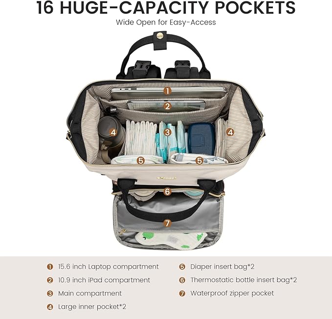 LOVEVOOK Diaper Bag Backpack, Baby Bag with Changing Station, Large Diaper Backpack for Mom Dads, Waterproof Mommy Bag for Boy and Girl, Travel Essential Baby Shower, Black-Beige