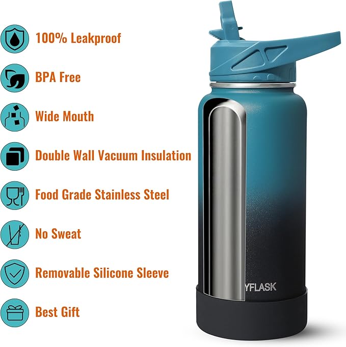 RUBYFLASK 40oz Insulated Water Bottle with Straw, Stainless Steel Metal Vacuum Water Flask, Large Thermal Water bottle with Leakproof 3 Lids for Travel, Camping, Gym Sports Orange