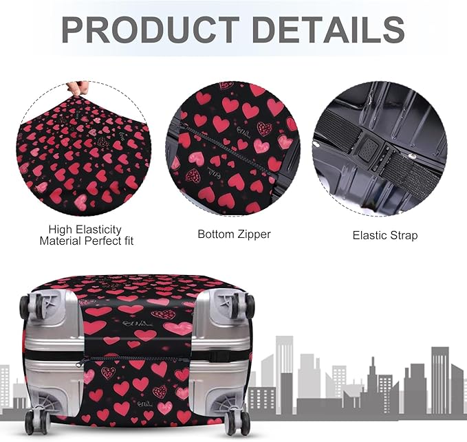 ANNA QUEEN Heart Pattern Luggage Cover, Love Theme Suitcase Protector, Stretchable Washable Travel Cover for 24-26 Inch Luggage
