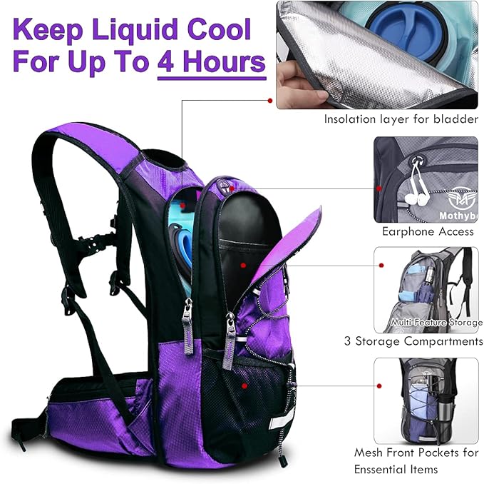Mothybot Insulated Hydration Backpack Pack with 3L BPA Free Leak Proof Water Bladder, Large Storage Lightweight Hiking Daypack with Waist Pouches & Cooler Layer, for Running, Biking, Camping, Festival