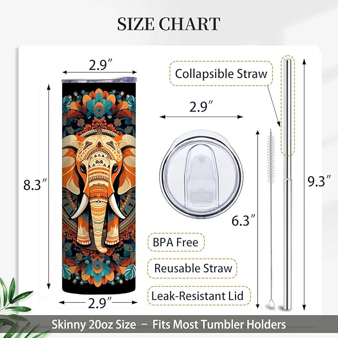 Firmiso 20 oz Tumbler｜Skinny Insulated Travel Mug｜Mandala Elephant Stainless Steel Cup with Lid and Telescopic Straw｜Boho Artistic Drinkware｜Gifts Idea for Women Men