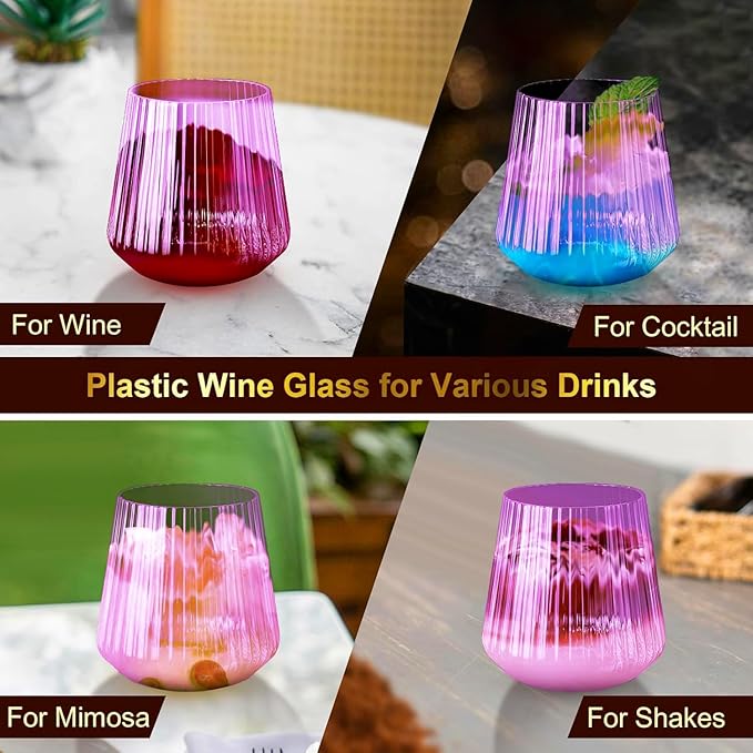 Lueumxc 40 Pack Plastic Ribbed Wine Glasses, 14Oz Origami Disposable Wine Glasses Unbreakable Clear Plastic Cocktail Glasses Recyclable Shatterproof Reusable Wine Cups (14oz-purple-40pack)