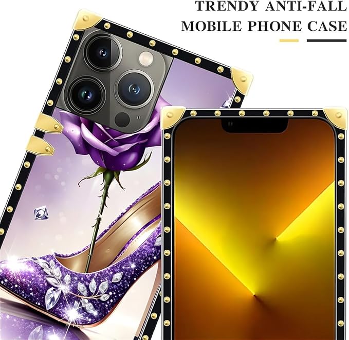 Compatible with iPhone 13 Pro Max Case, High Heeled Purple Diamond Rose Luxury Golden Decoration for Girl Women Soft TPU Shockproof Protective Hard PC Back for iPhone 13 Pro Max