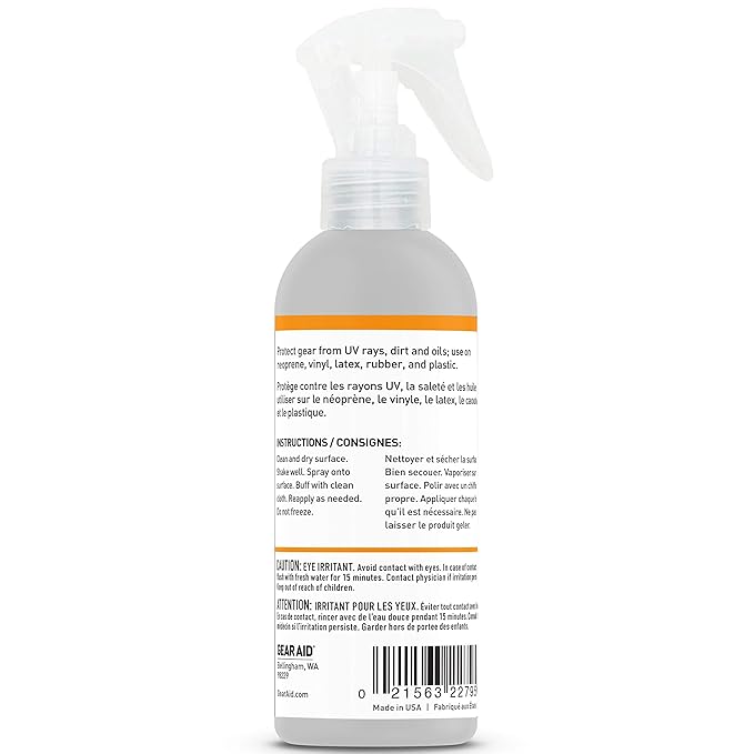 GEAR AID UV Protectant and Conditioner Spray, Apply to Outdoor Gear Made of Plastic, Vinyl, Neoprene such as Tents, Boat Covers, Kayaks and More to Prevent Cracking, Discoloration and Fading, 4 oz