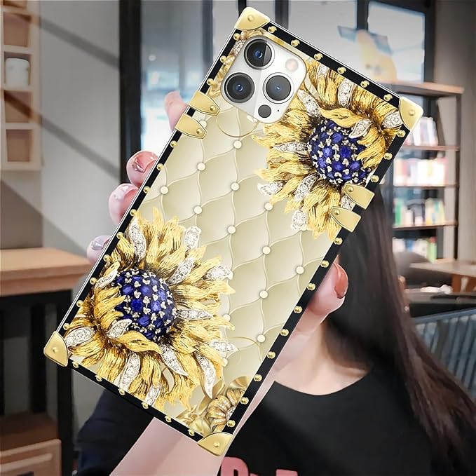 Compatible with iPhone 12 12 Pro Case, Sunflower Diamonds Leather Luxury Golden Decoration for Girl Women Soft TPU Shockproof Protective Hard PC Back for iPhone 12 12 Pro