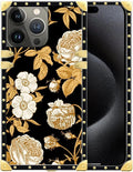 Compatible with iPhone 16 Pro Case, Blooming Rose Golden Flower Luxury Golden Decoration for Girl Women Soft TPU Shockproof Protective Hard PC Back for iPhone 16 Pro