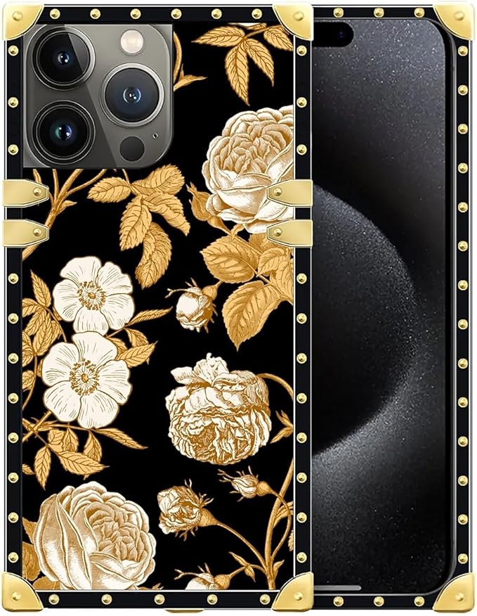 Compatible with iPhone 16 Pro Case, Blooming Rose Golden Flower Luxury Golden Decoration for Girl Women Soft TPU Shockproof Protective Hard PC Back for iPhone 16 Pro