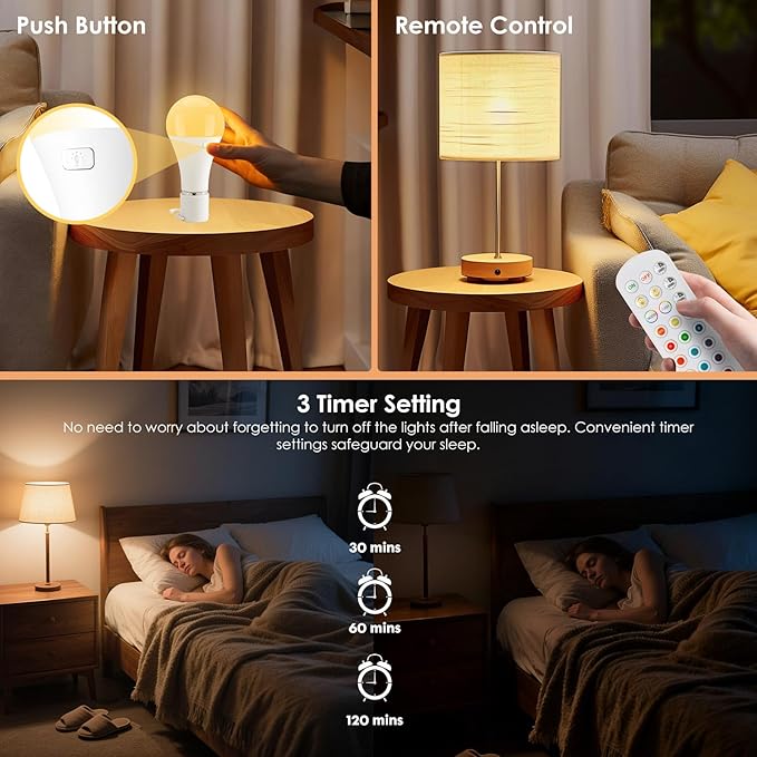 2Pack E26 Rechargeable Light Bulbs with Remote, A19 40W Equivalent Bulb, Soft Warm White 2700K, 400LM Dimmable 5W LED Light Bulb with 15 Colors 3 Timer for Non-Wired Lamp Sconce, Touch, Remote Control