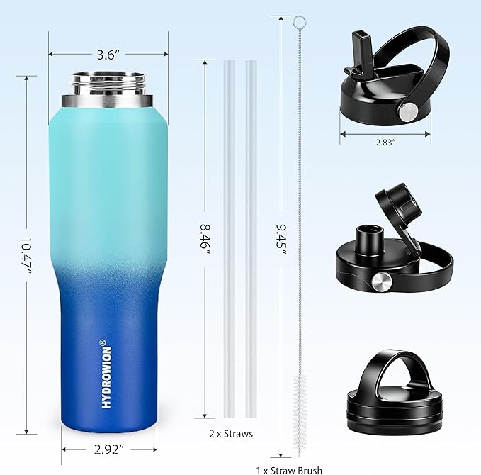 HYDROWION 32oz Water Bottle, Double Wall Vacuum Stainless Steel Insulated Water Flask with Straw Lid, Spout Lid and Flex Cap(Cold for 48 Hrs, Hot for 24 Hrs), Leakproof Travel Thermo Mug, Mint&Cobalt