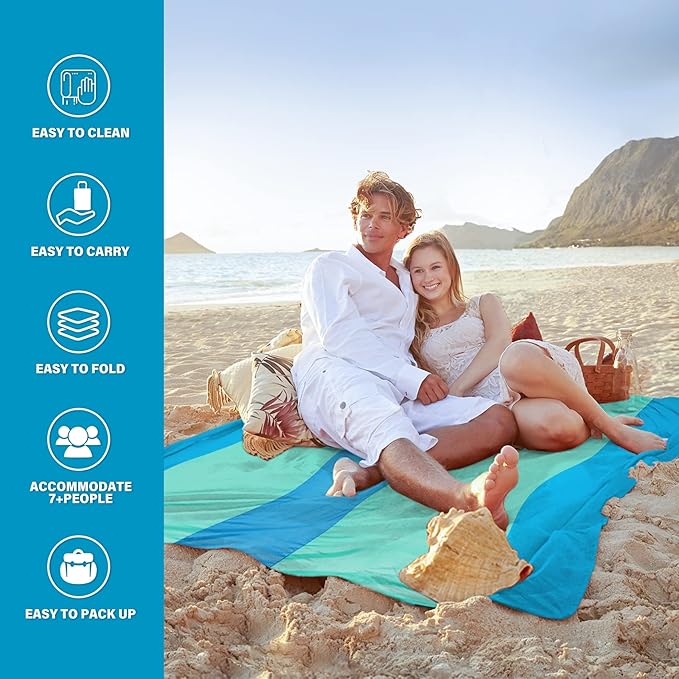 Famstar Beach Blanket Oversized Extra Large 10'X 9',Waterproof Sandproof Beach Blanket 2-8 Adults Lightweight Durable for Travel Camping Hiking Picnic (10'X 9', Green&White)