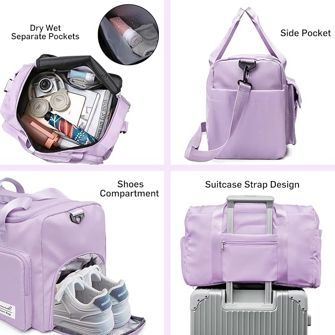 Suruid Travel Duffel Bag with Shoes Compartment Sports Gym Bag with Dry Wet Separated Pocket for Men and Women, Overnight Bag Weekender Bag Training Handbag Yoga Bag - Purple