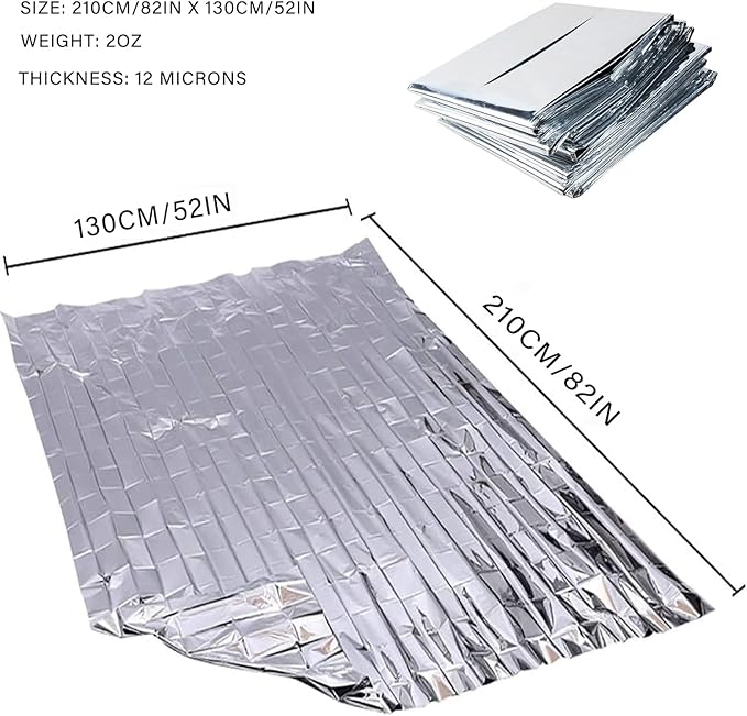 Emergency Foil Blanket (Pack of 100), Survival Thermal Mylar Blankets Individually Packaged, 51 x 83 Inches, Silver, Perfect for Outdoors, Hiking, Marathons or First Aid