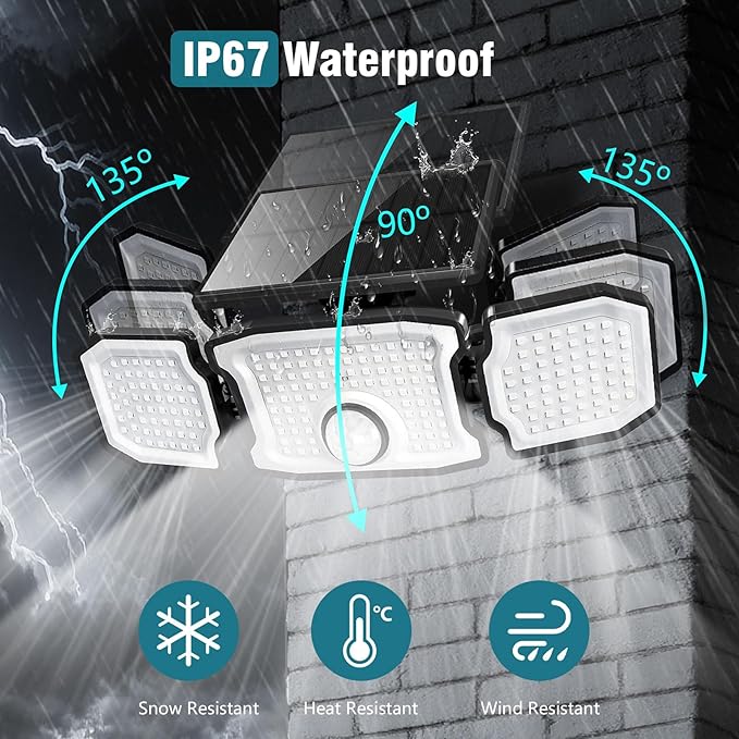 Solar Lights Outdoor Waterproof- 2800LM 200LED Solar Motion Sensor Lights, 3 Heads & 3 Modes Flood Lights, 270° Wide Angle Solar Powered Security Lights for Yard, Garage(3 Pack)
