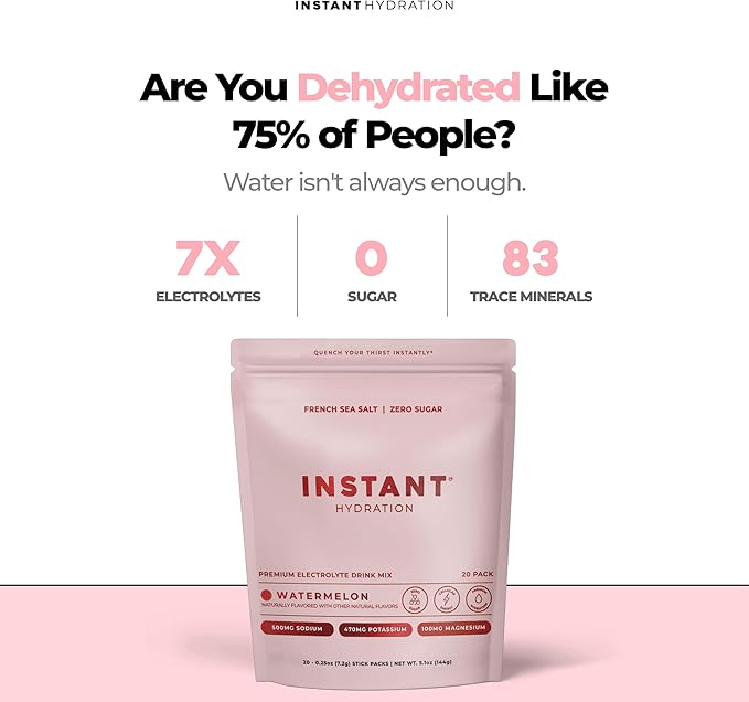 Instant Hydration Sugar Free Electrolytes Powder Packets - Watermelon Electrolyte Drink Mix & Travel Essentials - Post Workout Recovery, Brain Health, Muscle & Tissue Support - 20 Count