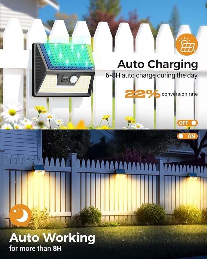 Vighep 4 Pack Solar Fence Lights, Waterproof Motion Sensor Deck Outdoor, Warm White LED Outside Wireless for Wall Yard Steps Stairs Garden - Black