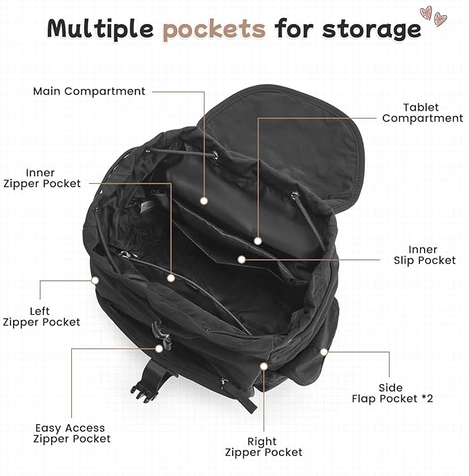 G4Free Small Backpack for Women, Nylon Casual Daypack for Work Travel Campus, Black