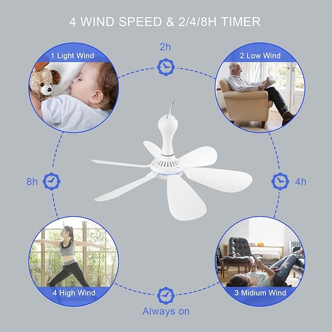 Silent USB Powered Ceiling Fan with Remote Control Timing 4 Speed, Quiet Small DC Plug in Ceiling Fan Hanging Fan for Camping Bed RV Tent Canopy Room