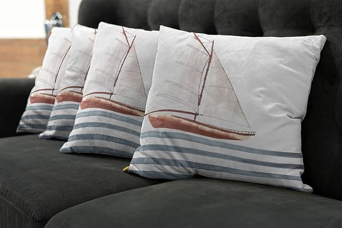 Ambesonne Nautical Throw Pillow Cushion Case Pack of 4, Let Your Dreams Sail Words with Boat in Waves Motivation Lifestyle Print, Modern Accent Double-Sided Digital Printing, 20", Cinnamon Blue